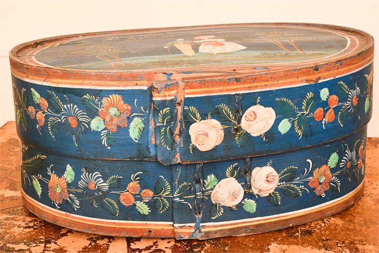 Antique Oval Painted Wood Storage/Hat Box w/Lid