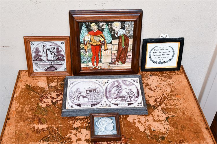 Grouping of Framed Hand Painted Antique Tiles