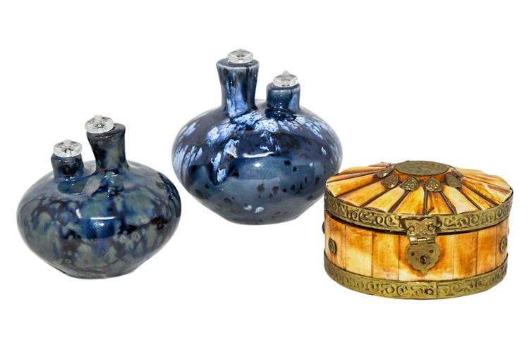 Wood and Brass Trinket Box and Two Pottery Oil Lamps