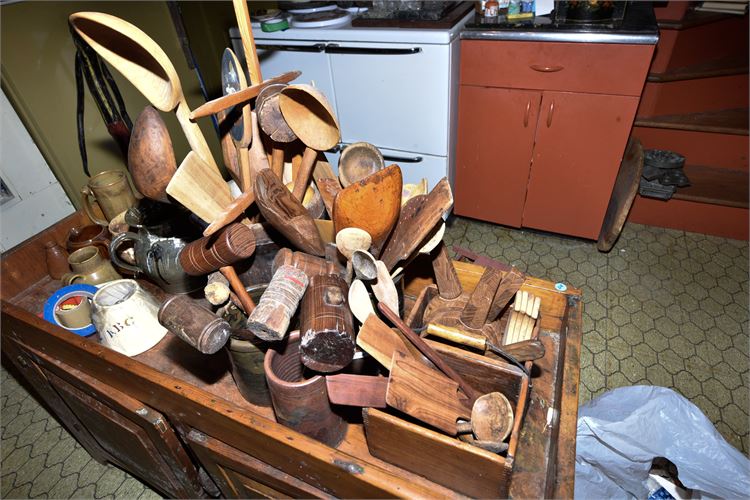 Large Collection of Vintage Wooden Kitchen Utensils with Containers