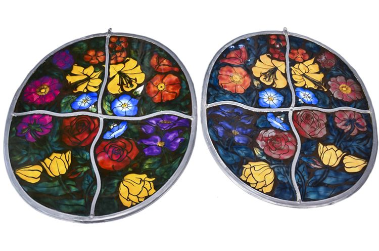 Pair Vintage Enameled Stained Glass Pannels w/Flowers