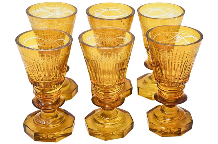 Fine Set of Six (6) Antique European Etched Glass Cordials