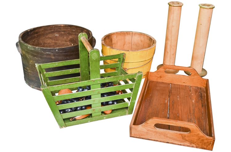 Mixed Lot Wooden Basket & Storage Bins w/Extras