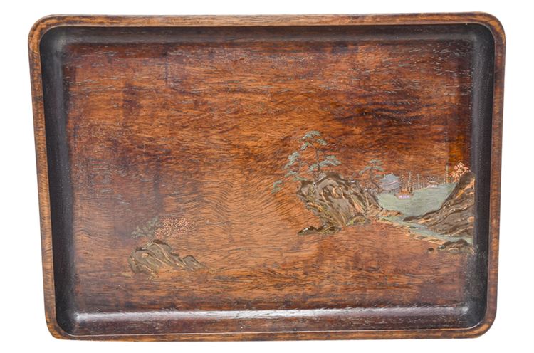 Nice Antique Asian Scenic Wooden Tray w/Applied Decoration