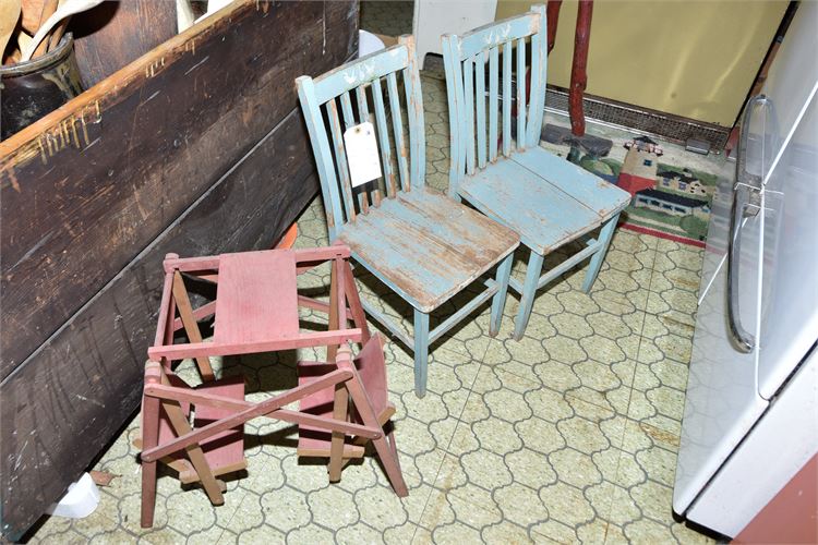 Pair Childrens Painted Slat-back Chairs & Miniature Porch Swing