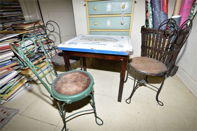 Vintage Children's Enamel Top Table & Three Diminutive Ice Cream Parlour Chairs