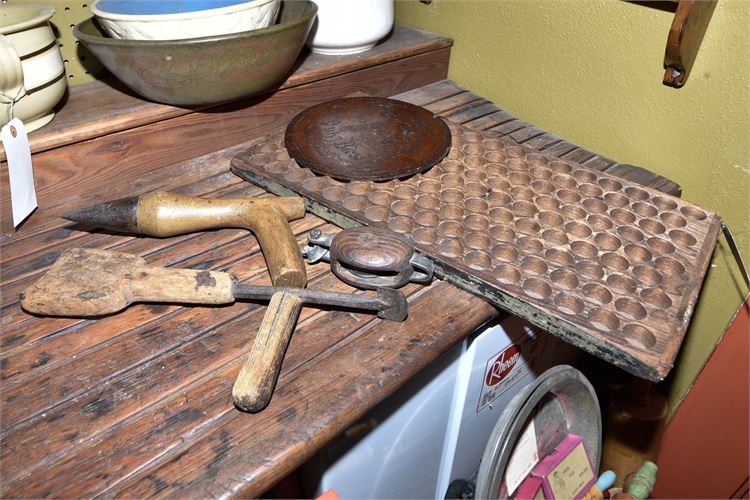 Antique Tools and Implements with Wooden Plaque