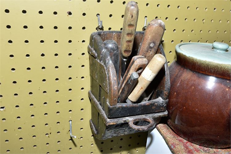 Antique Wood and Metal Utensils With Antique Stirup Wall Pocket