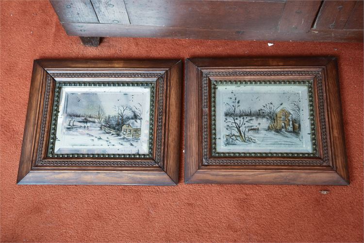 Pair of Framed Etched Mirror  Winter Genre Scenes