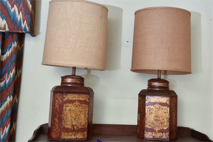 Pair of Tole Bartlett & Son Tea Tins Mounted as Lamps