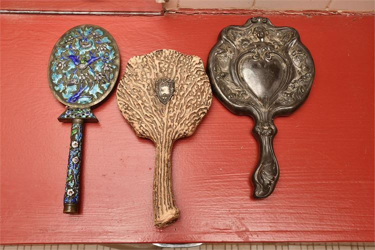 Three (3) Vintage Women's Hand Held Vanity Mirrors CHINESE-ANTLER-NOUVEAU