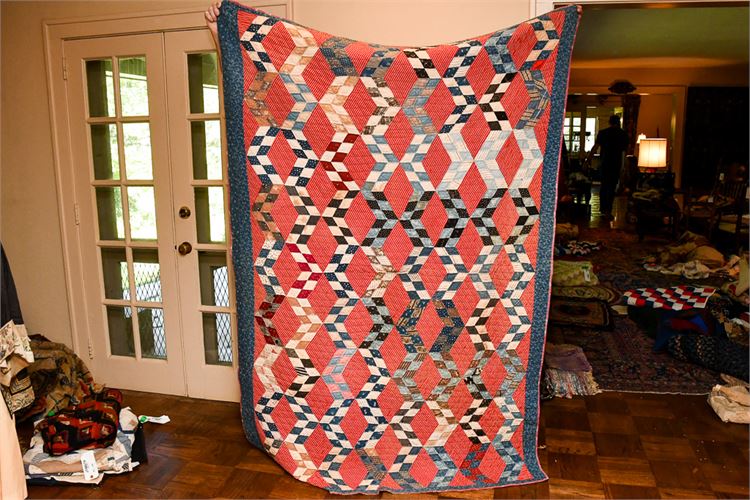 Hand Stitched Vintage Geometric Pattern Quilt