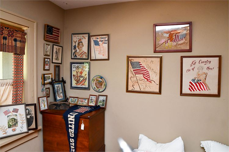 Framed Vintage Patriotic Ephemera & Embroidery