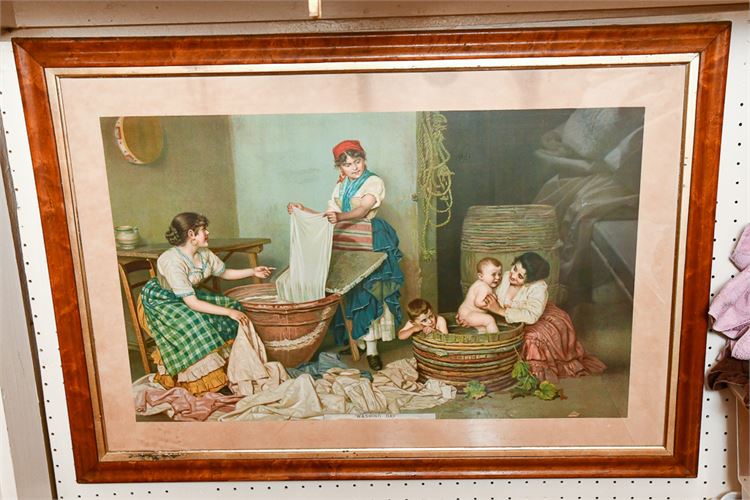 Color Antique Lithograph "Washing Day" w/Wood & Gilt Frame