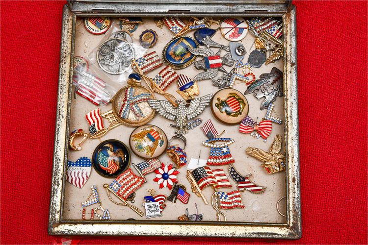 Framed Display of Antique and Vintage American Flag Pins & Medals