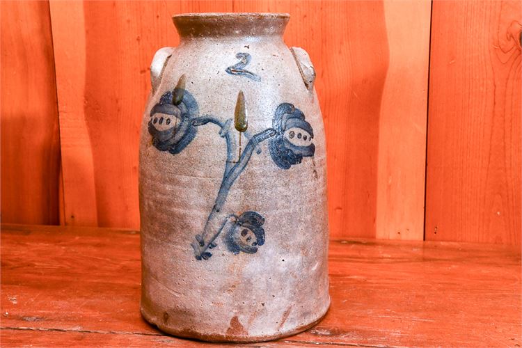 Unusual Stoneware Crock with Floral Paint Decoration