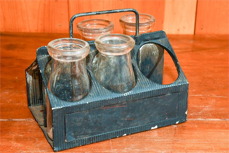 Antique Milk Bottles with Tin Carrier