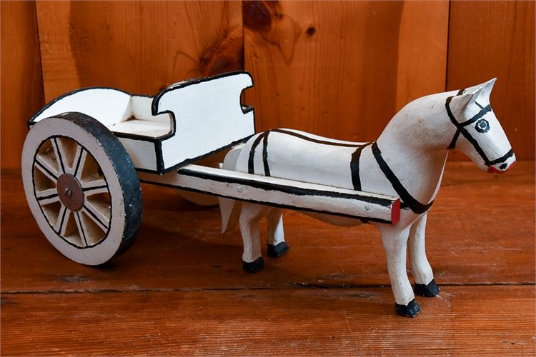 Painted Wooden Folk Art Horse Drawn Cart