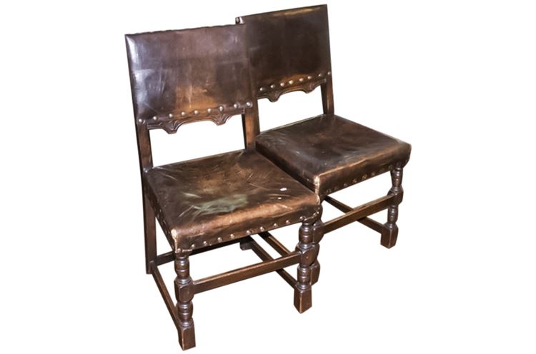 Pair Southwest-Mission Style Oak Side Chairs w/Leather Seats