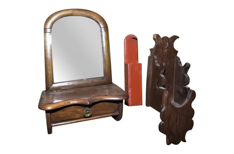 Antique Wall Mount Shaving Mirror w/Wooden Wall Pockets