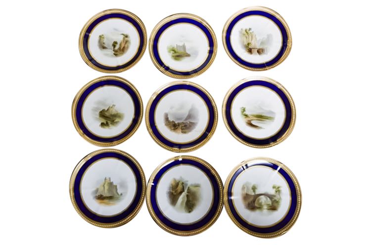 Fine Set of Nine (9) Antique English Porcelain Landscape Plates