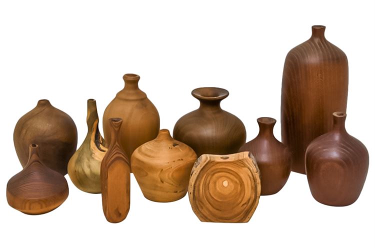 Group of Artisan Crafted Wood Bud Vase/Bottles