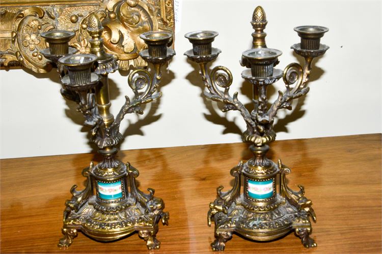 Pair of Cast Bronze And Porcelain Candleabra