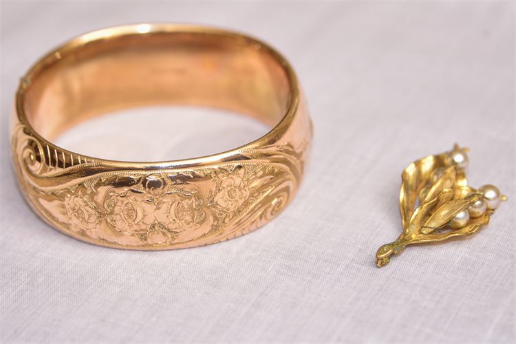 Miriam Haskell Dress Pin and Victorian Gold Filled Bangle Braclet