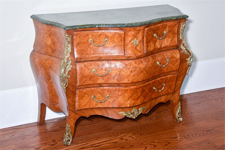 Louis XV Style Parquetry Marble-Top Bombe Chest with Ormolu Detail