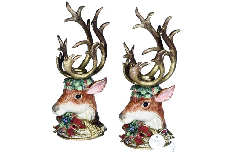 Pair of Fitz & Floyd Porcelain Reindeer Candle Holders
