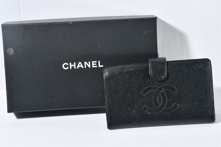 Chanel Black Leather Stitched Logo Wallet