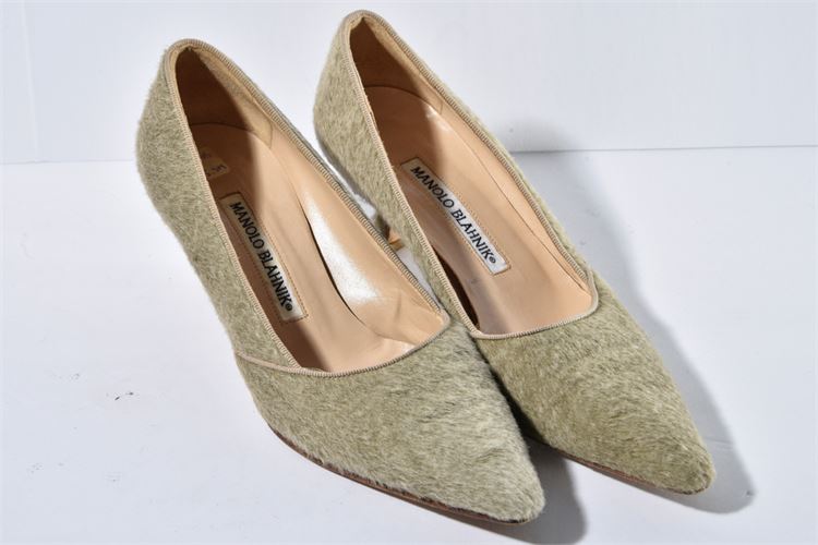 Pair of Manolo Blahnik Light Green Calf Hair Kitten Heels