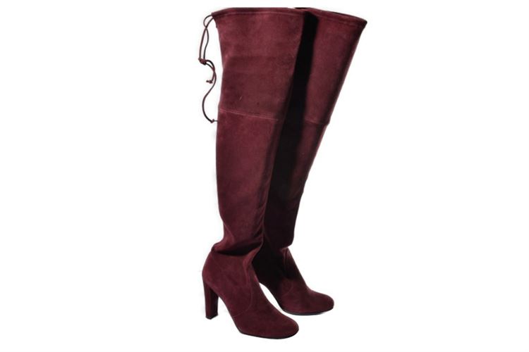 Pair of Stuart Weitzman Burgundy Suede Mid Thigh Boots