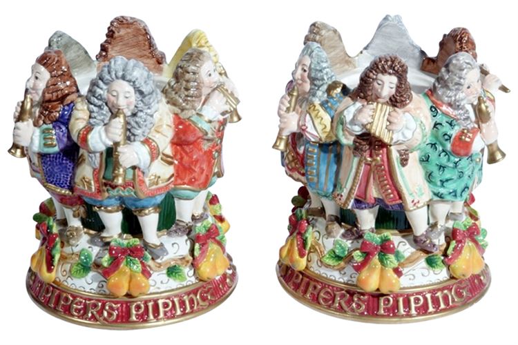 Pair of Fitz & Floyd Twelve Days of Christmas 2000 "Pipers Piping" Candle Bases