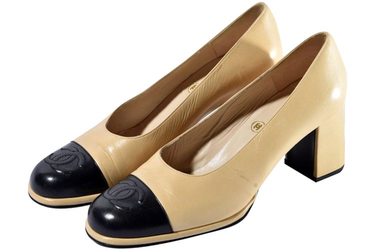 Pair of Chanel Beige and Black Leather Logo Pumps