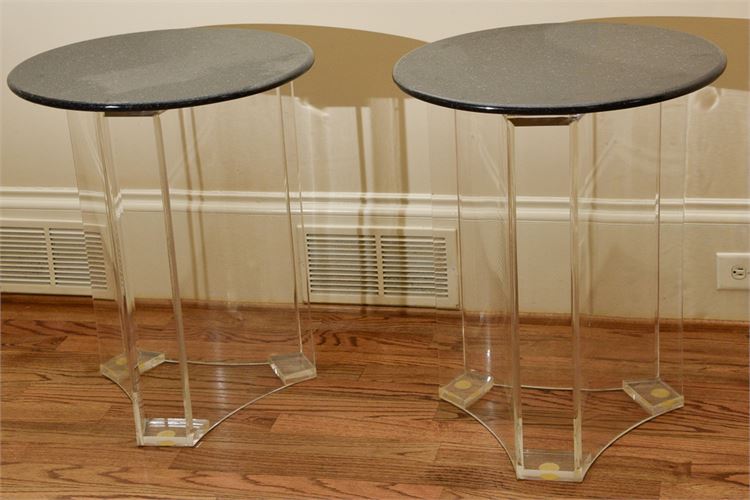 Pair of Stone Top Lucite Tables