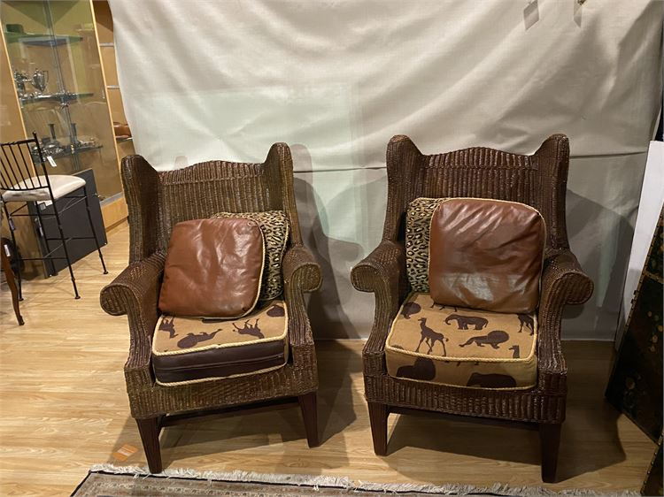 Pair Wing Back Wicker Armchairs