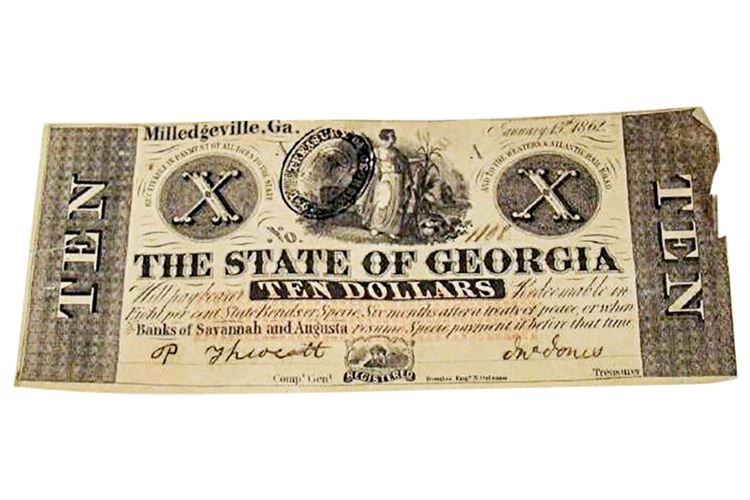 State Of Georgia Antique 10 Dollar Note