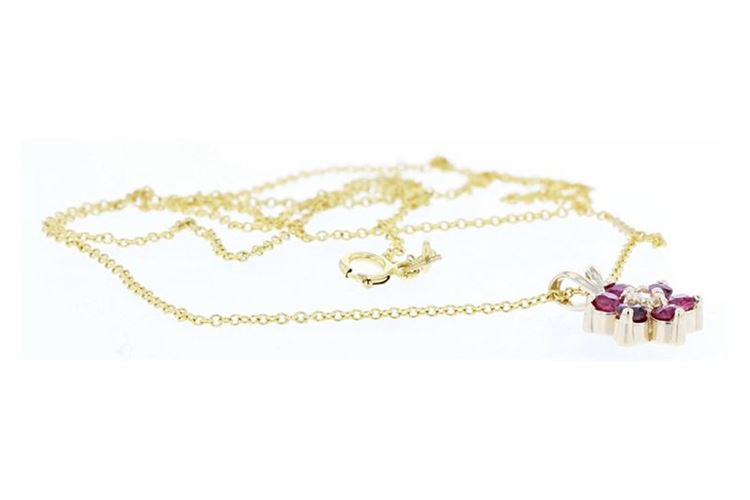 0.72CT Diamond and Ruby Flower Pendant 14K Necklace