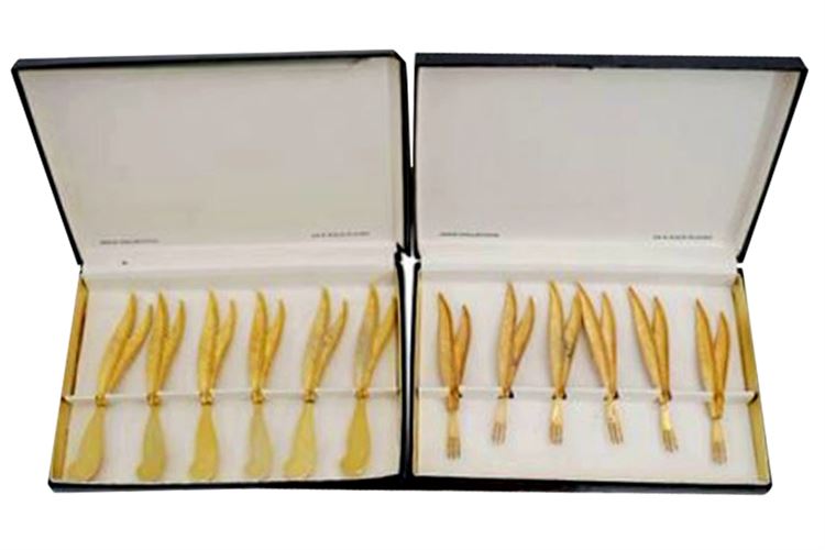 Two Sets Of Six Vintage Gold-Tone Hors D'Oevures Servers