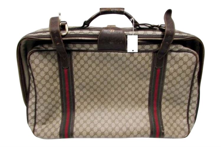 VINTAGE GUCCI BROWN GG LOGO CANVAS LEATHER SUITCASE