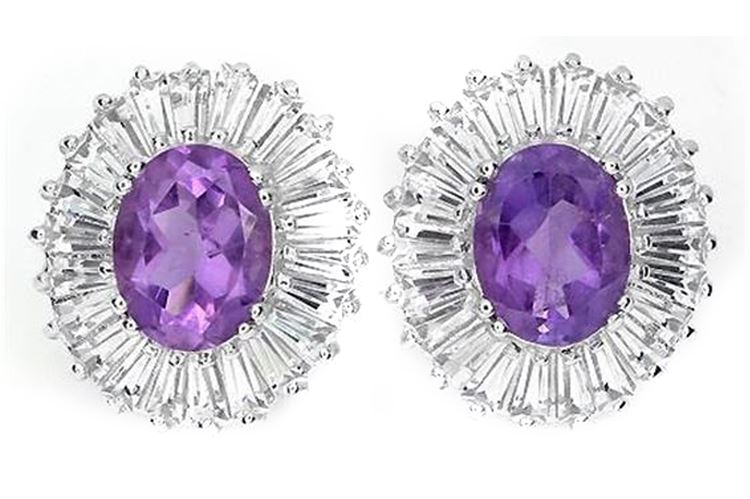 NATURAL AMETHYST & WHITE TOPAZ EARRINGS 14K WHITE GOLD ON 925 SILVER