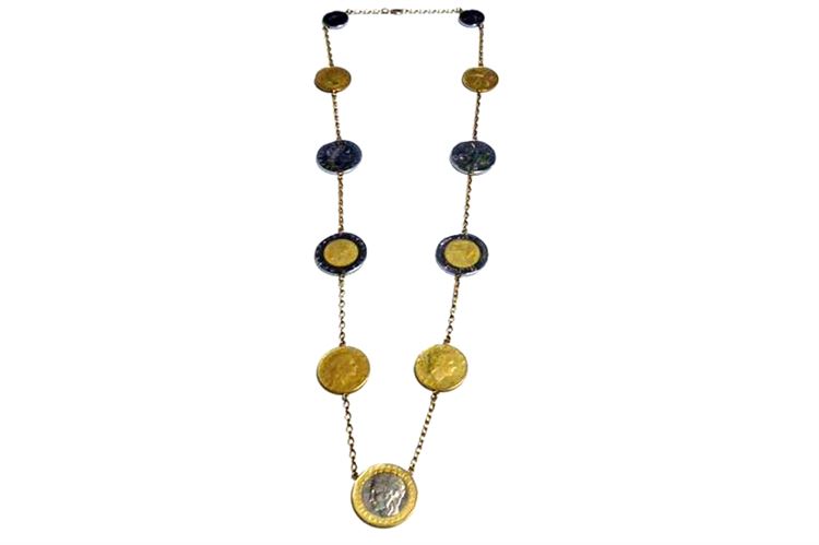 14KT GOLD CHAIN & MULTIPLE COINS NECKLACE