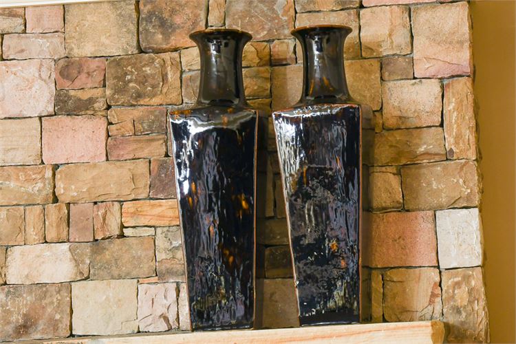 Chinese Tall Square Tapering Vases in Brown Glaze