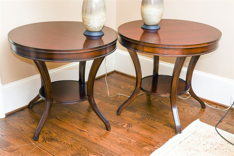 Pair Mahogany Circular Top Two Tier Occasional Tables