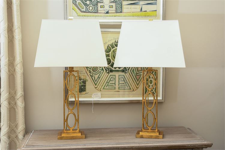 Pair Contemporary Gilt Metal Lamps with Shades