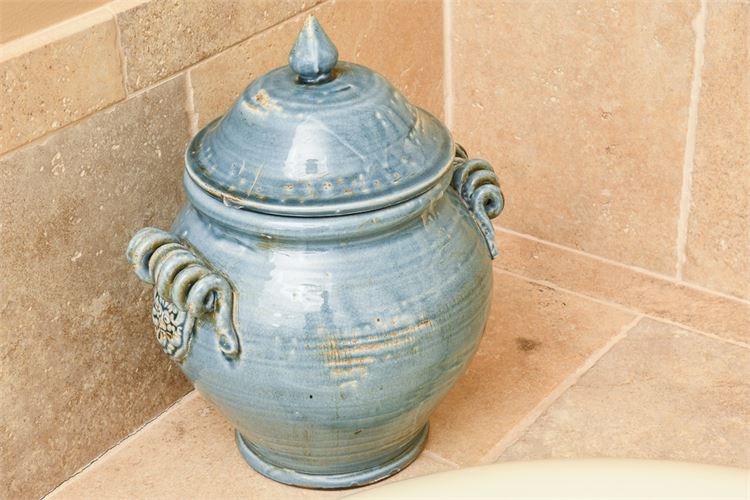 Blue Glazed Lidded Ceramic Jar