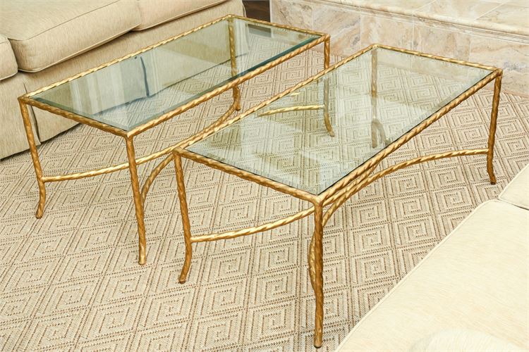 Pair Designer Rope Twist Gilt Metal Framed Coffe Tables