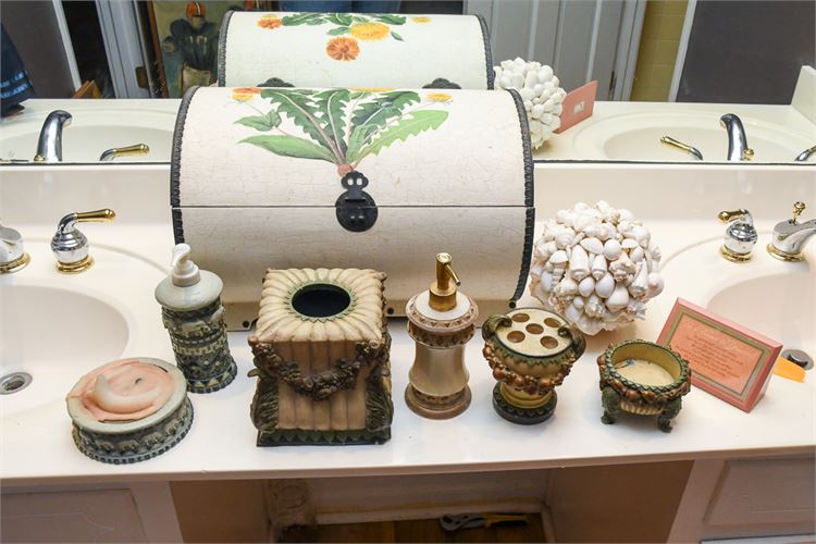 Bathroom Vanity Items and Decorative Chest with Toiletries