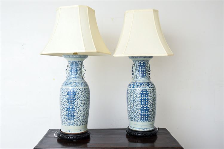 Pair Large Chinese Blue & White Porcelain Vases Mounted as Lamps